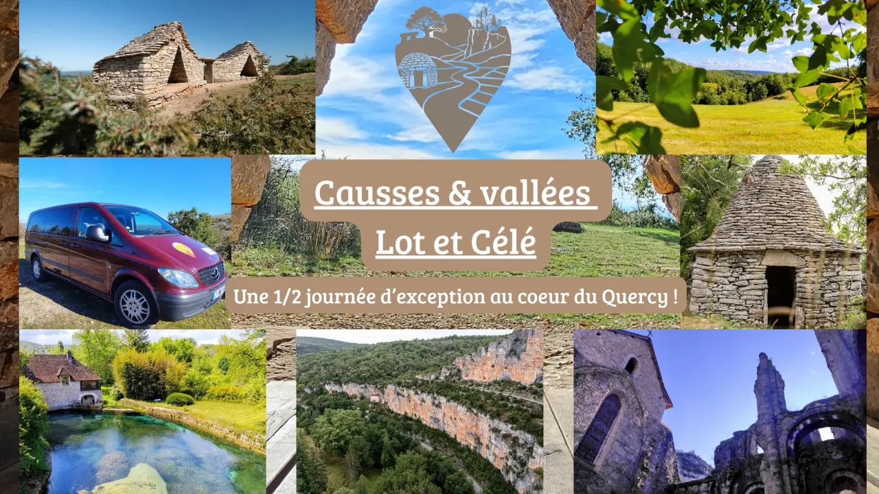 Affiche de l'excursion Causse & vallées Lot et Célé montrant du patrimoine bâti sur le causse